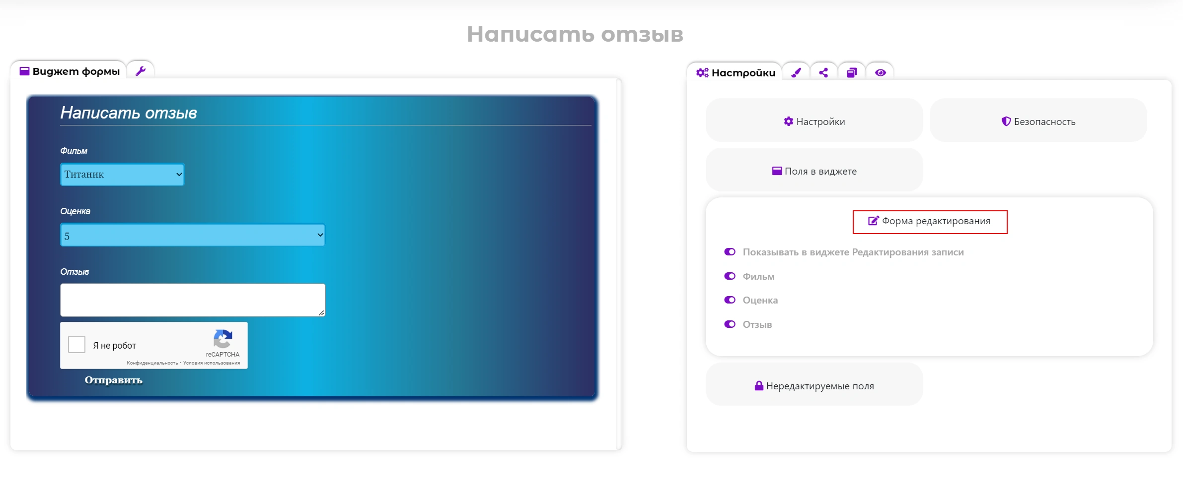 Поля формы редактирования